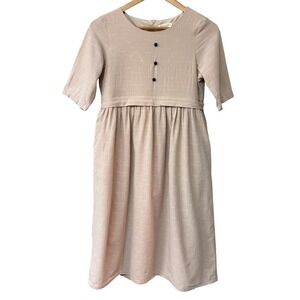 Roolee Mom Tan Cotton Dobby Empire Waist Dress Pockets Size XS Beige Khaki